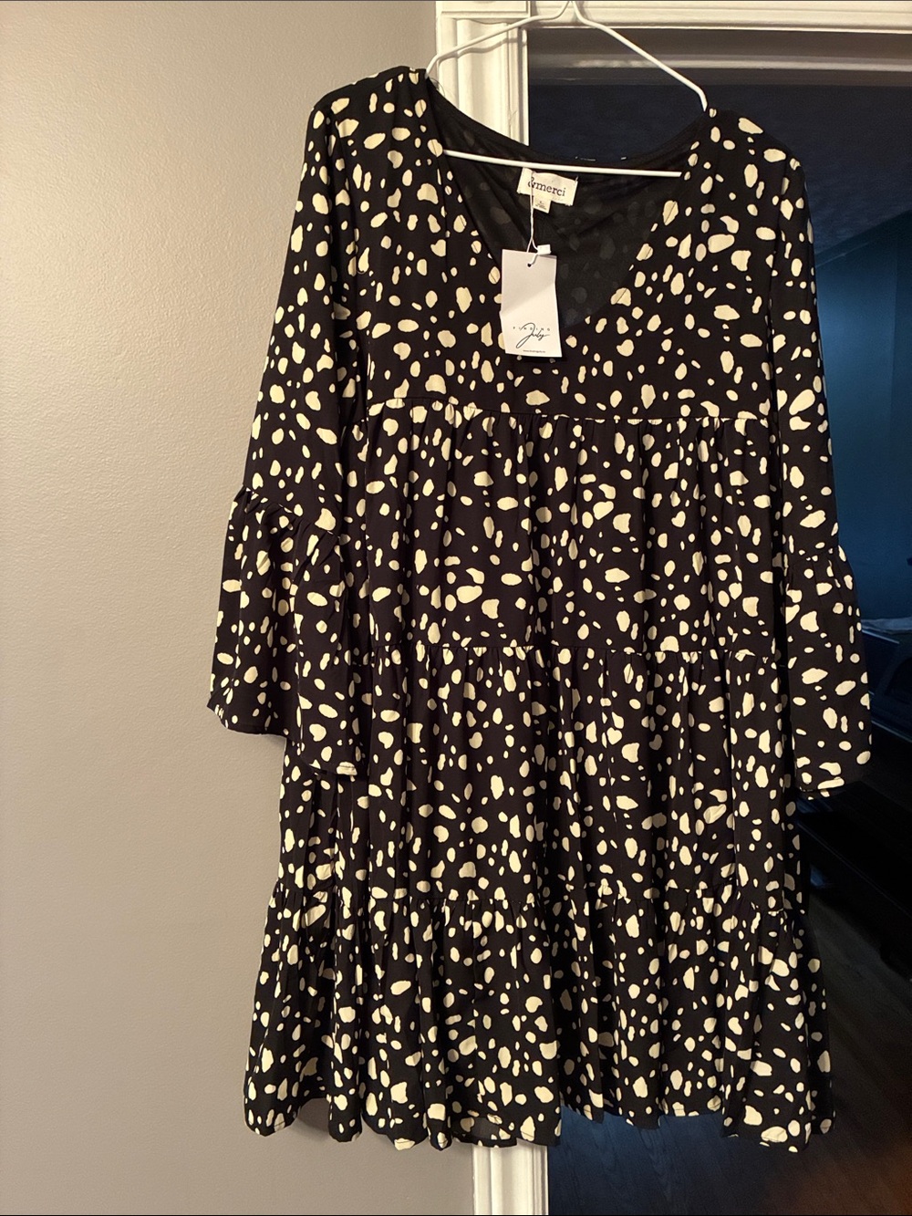 &merci Black and Cream Printed Dalmatian Baby Doll Midi Dress with Frilled Cuffs